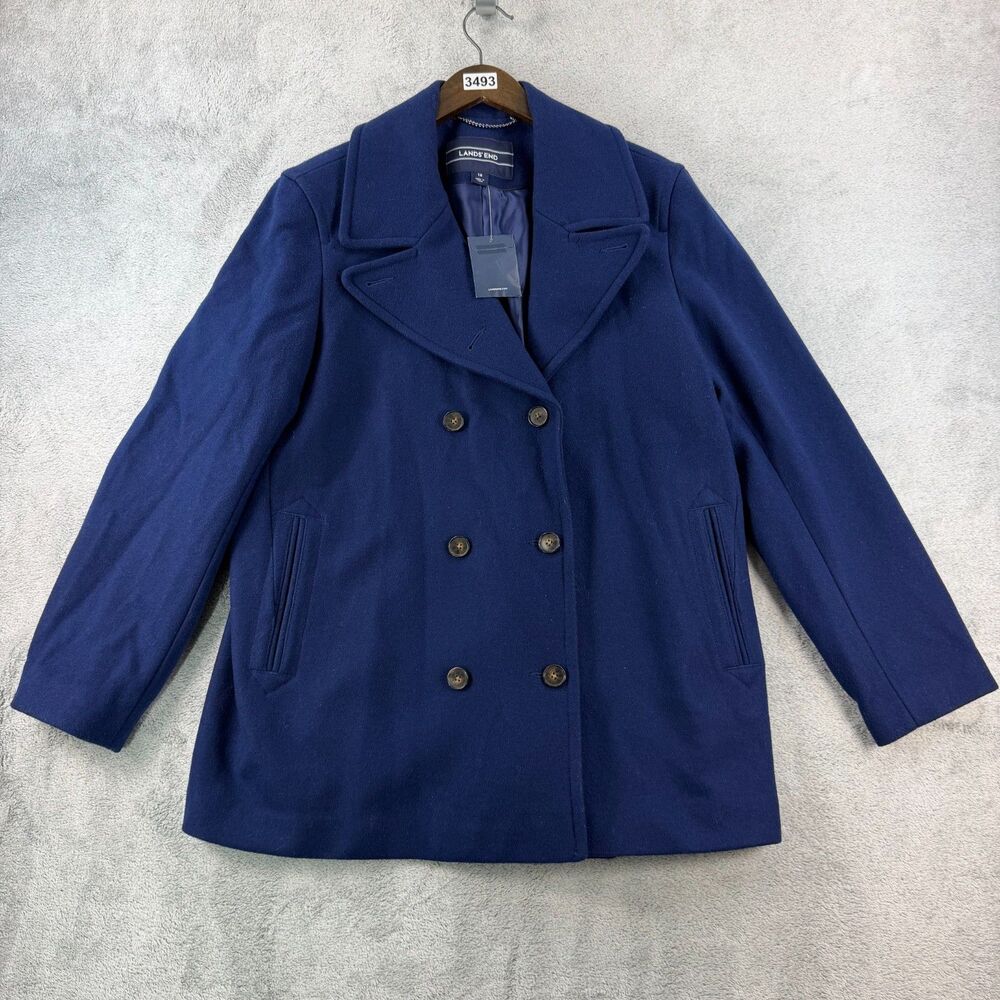 Lands' End Women's 16 Wool Blend Peacoat Navy Blue Double Breasted NWOT